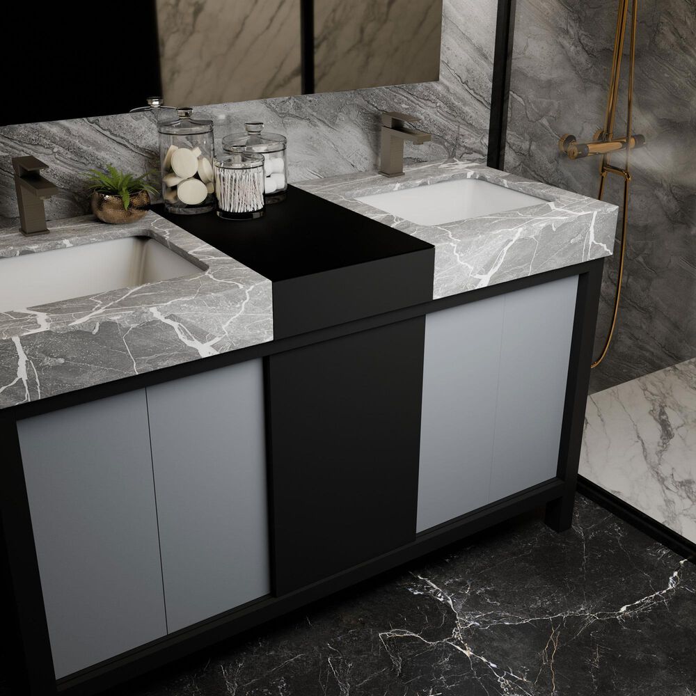 Lexora Home Zilara 55&quot; Double Bathroom Vanity in Black and Grey with 11 cm Castle Grey Marble Top and Rectangular Sinks, , large