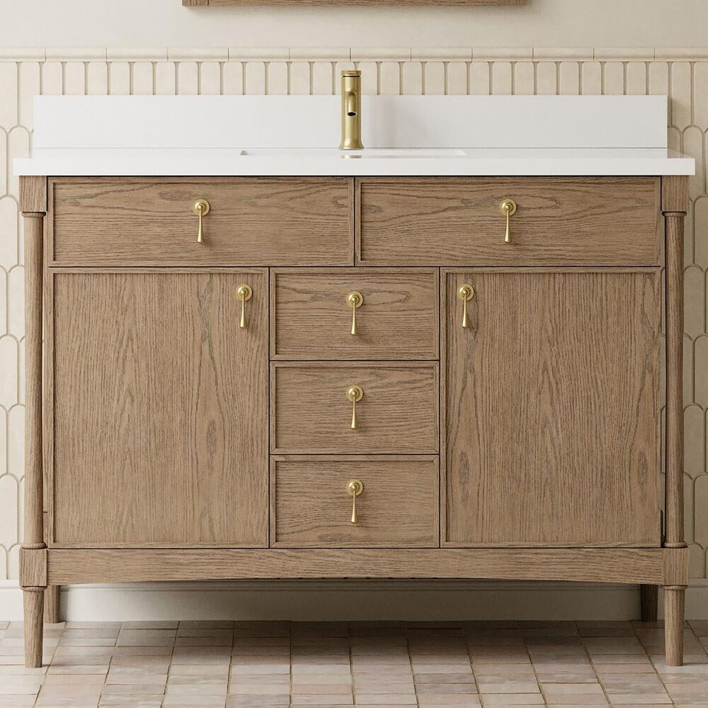 James Martin Kinnsden 48" Single Bathroom Vanity in Weathered Oak with Single Hole 3 cm White Zeus Silestone Top and Rectangular Sink, , large