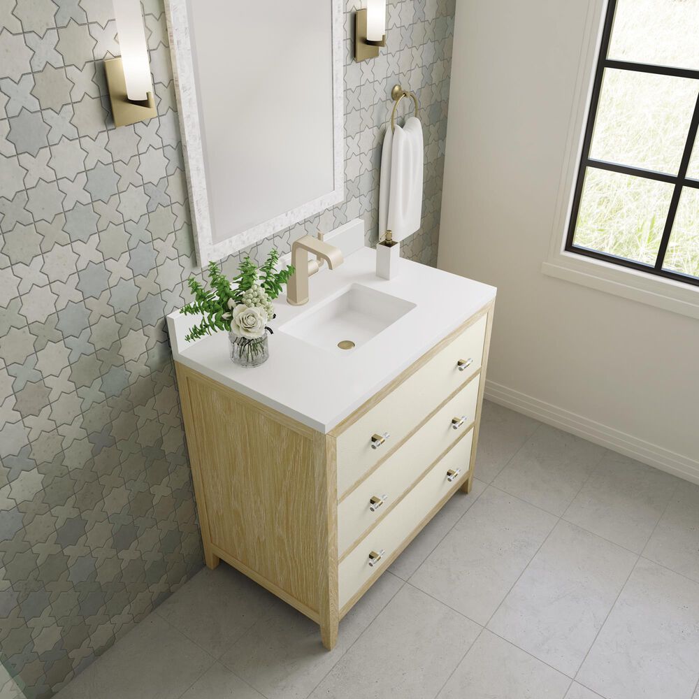 James Martin Vanities Celeste 36&quot; Single Vanity in Sun-washed Oak with Embossed Shagreen and with Single Hole 3 cm White Zeus Quartz Top &amp; Backsplash, , large