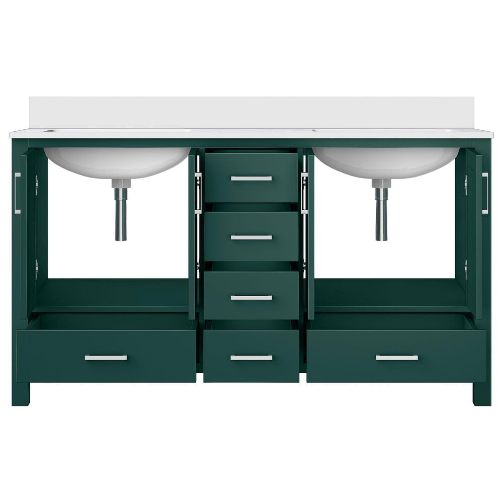 Lexora Home Jacques 60&quot; Double Bathroom Vanity in Green with 2 cm White Cultured Marble Top and Rectangular Sinks, , large