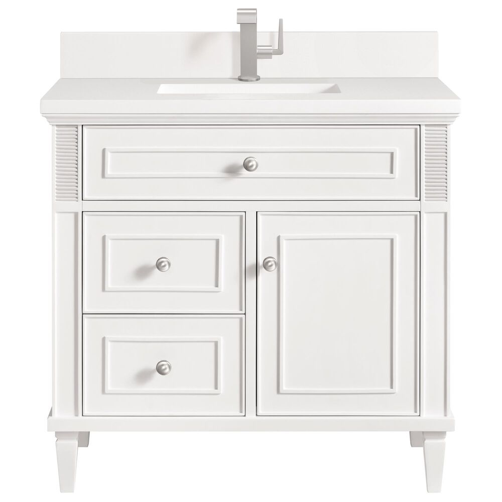 James Martin Vanities Lorelai 36" Single Vanity in Bright White with Single Hole 3 cm White Zeus Quartz Top & Backsplash, , large