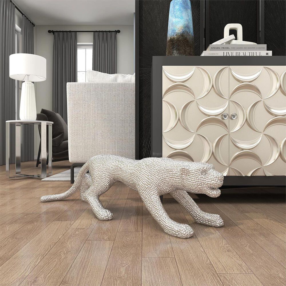 Maple and Jade Leopard Decorative Sculpture with Carved Faceted Diamond Exterior in Polished Silver, , large