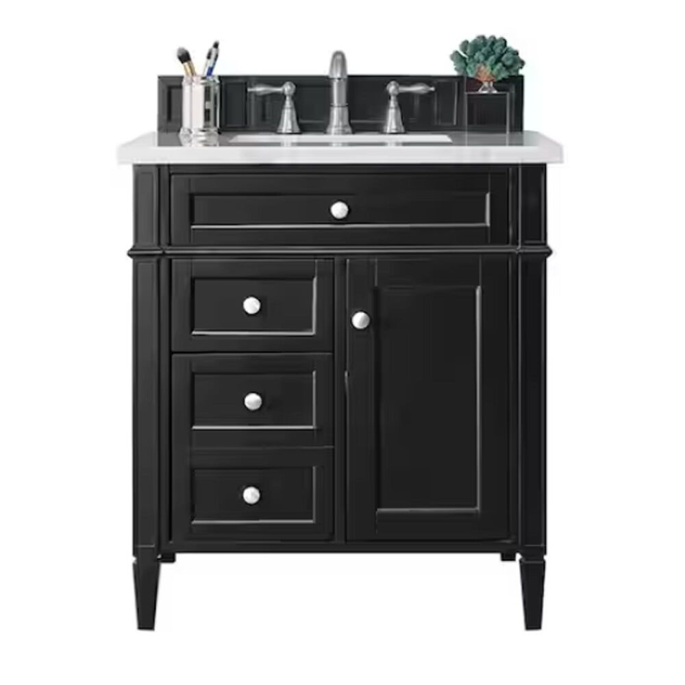 James Martin Vanities Brittany 30&quot; Single Bathroom Vanity in Black Onyx with 3 cm White Zeus Quartz Top and Rectangular Sink, , large