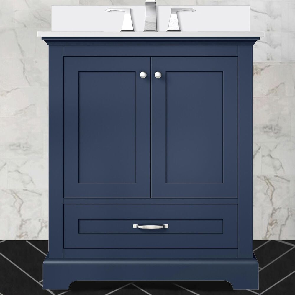 Lexora Home Dukes 30&quot; Single Bathroom Vanity in Navy Blue with 2 cm White Cultured Marble Top and Rectangular Sink, , large