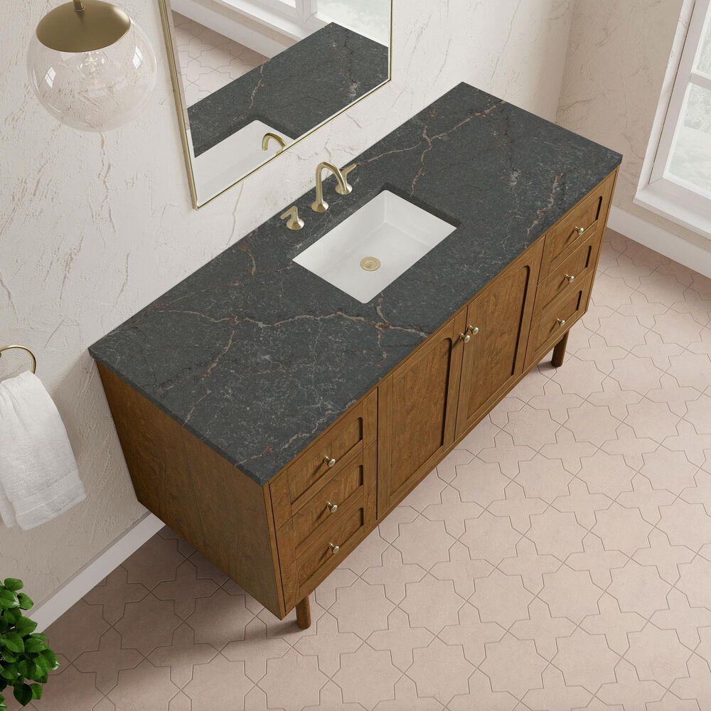 James Martin Laurent 60" Single Bathroom Vanity in Honey Oak with 3 cm Parisien Bleu Silestone Top and Rectangular Sink, , large