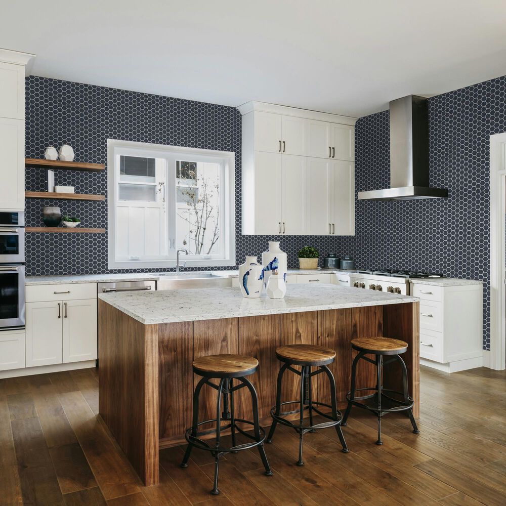 Emser Savvy Navy 2" Hexagon on 11" x 12" Glazed Porcelain Mosaic Sheet, , large