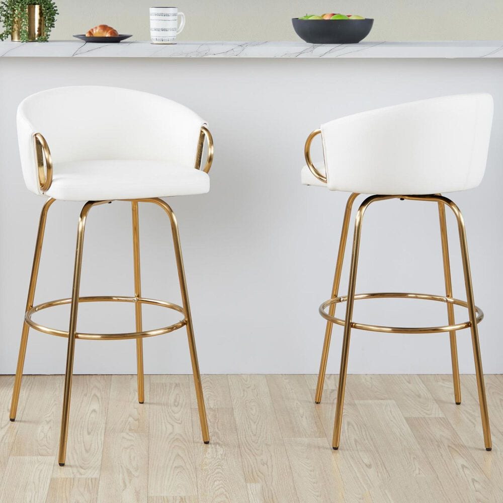 LumiSource Claire Swivel Barstool with White Faux Leather Upholstery in Gold (Set of 2), , large