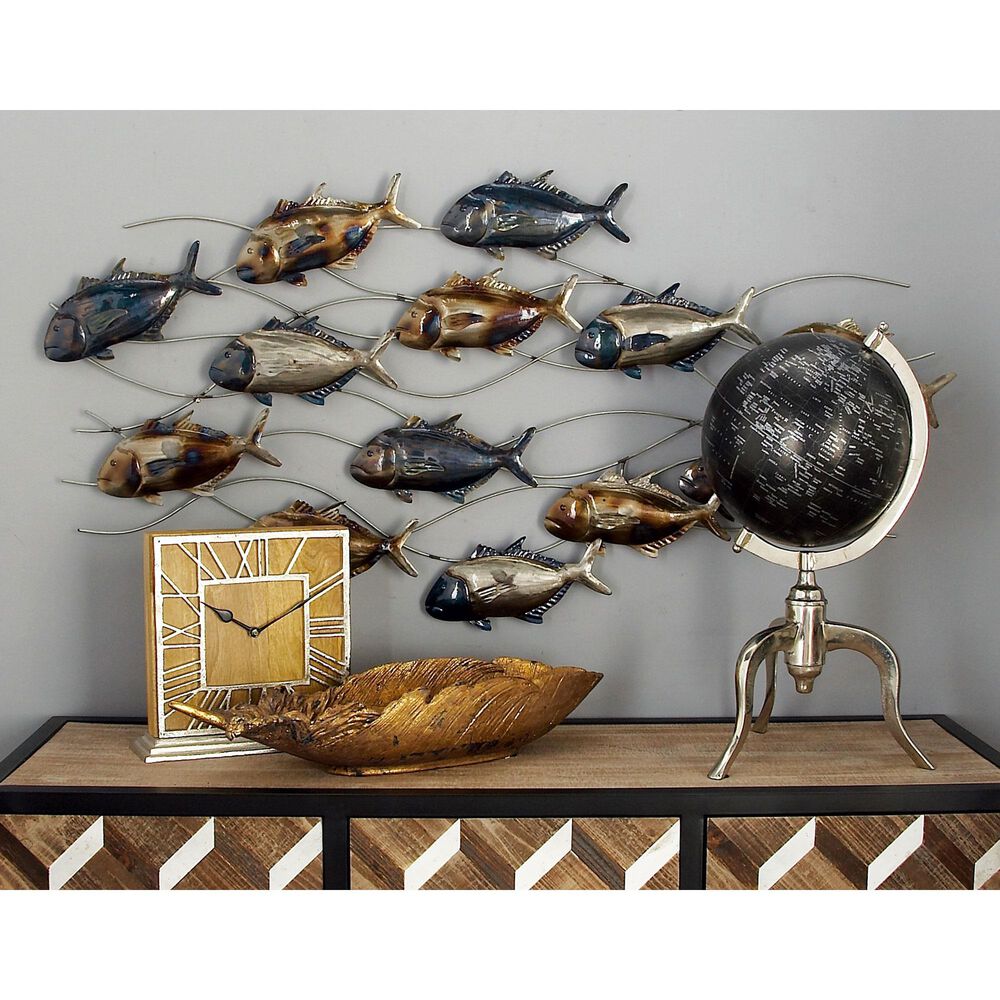 Maple and Jade 24&quot; x 45&quot; Fish Wall Decor in Blue, Brown and Silver, , large