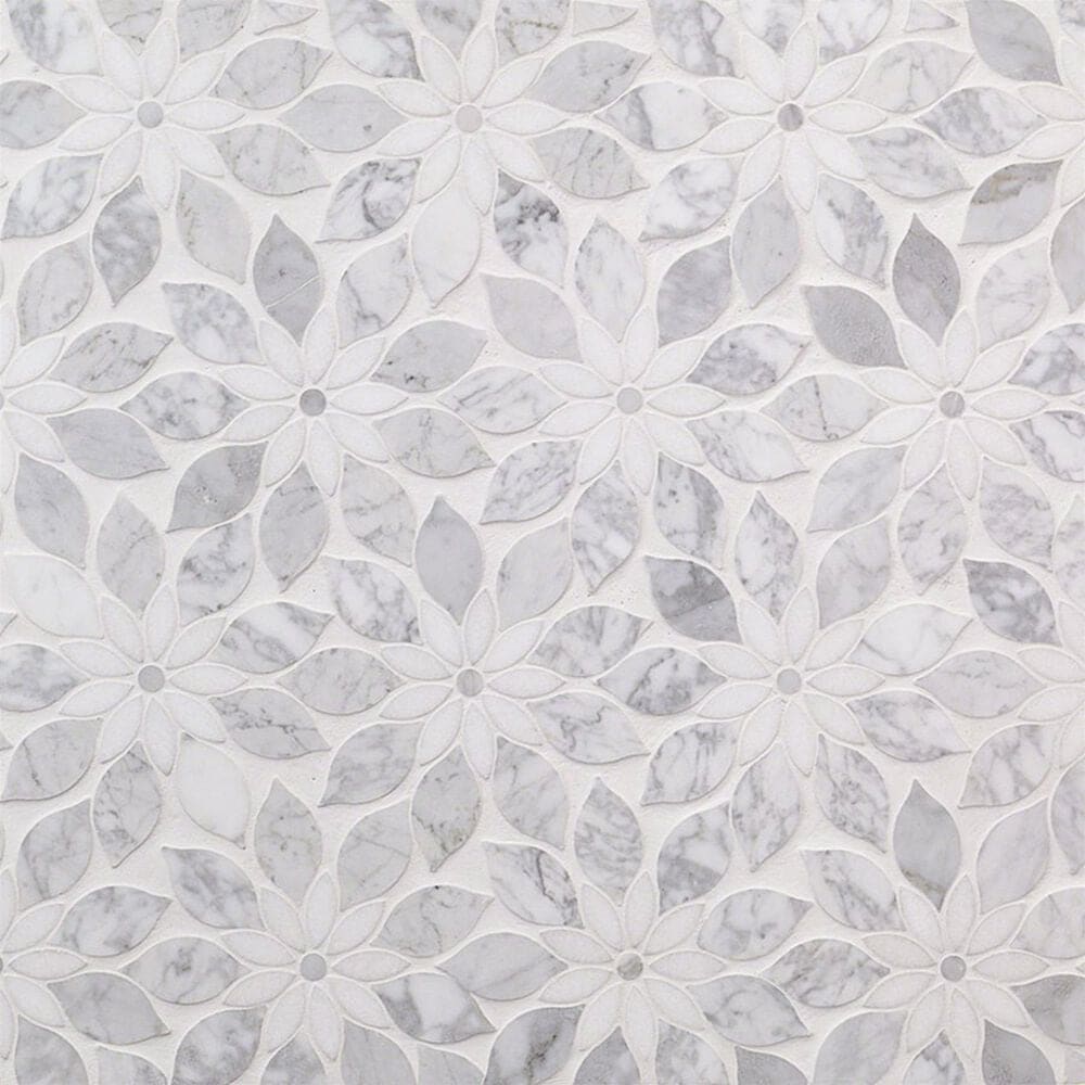 Soho Studio MJ Rain Flower White Carrara and White Thassos 12.4" x 14.13" Marble Mosaic Sheet, , large
