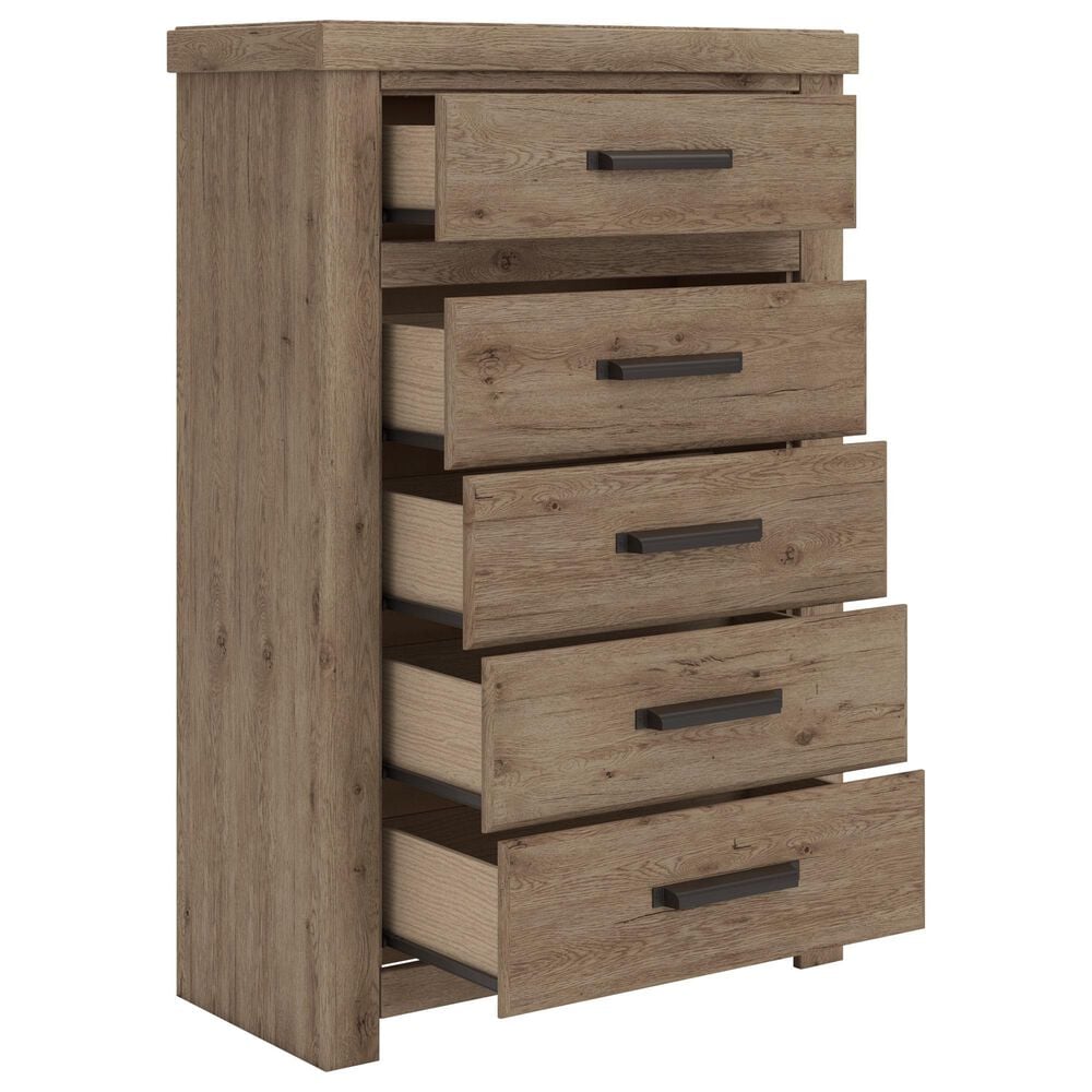Ashley Oliandon King Panel Bed Dresser Chest and 2 Nightstands in Light Brown, , large