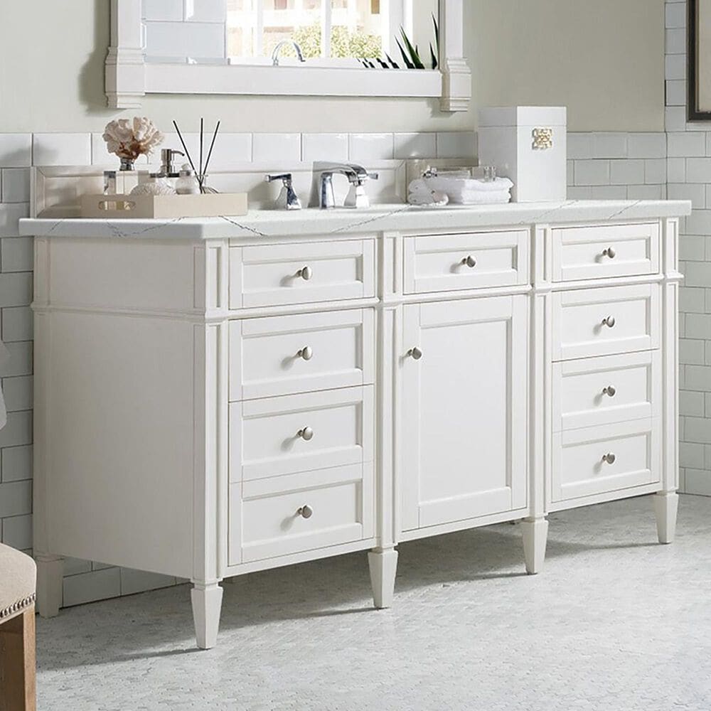 James Martin Vanities Brittany 60&quot; Single Bathroom Vanity in Bright White with 3 cm Ethereal Noctis Quartz Top and Rectangular Sink, , large
