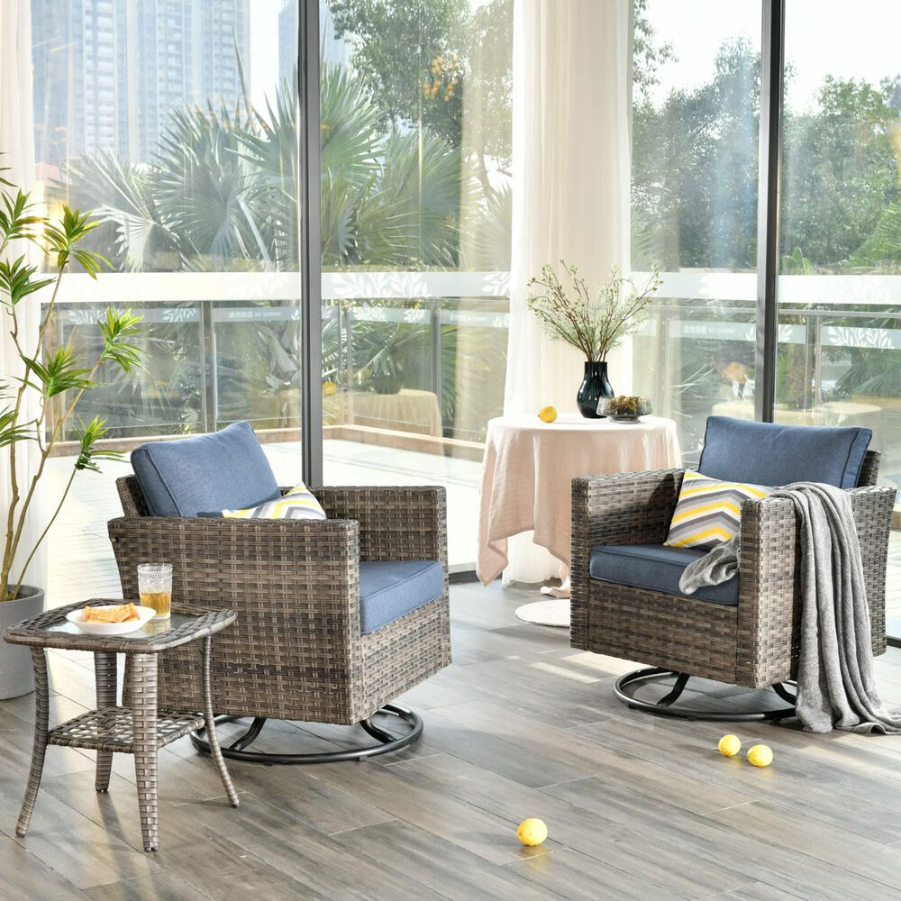 HOMLUX 3-Piece Patio Conversation Set with Square-Arm Swivel Rocking Chairs in Denim Blue, , large