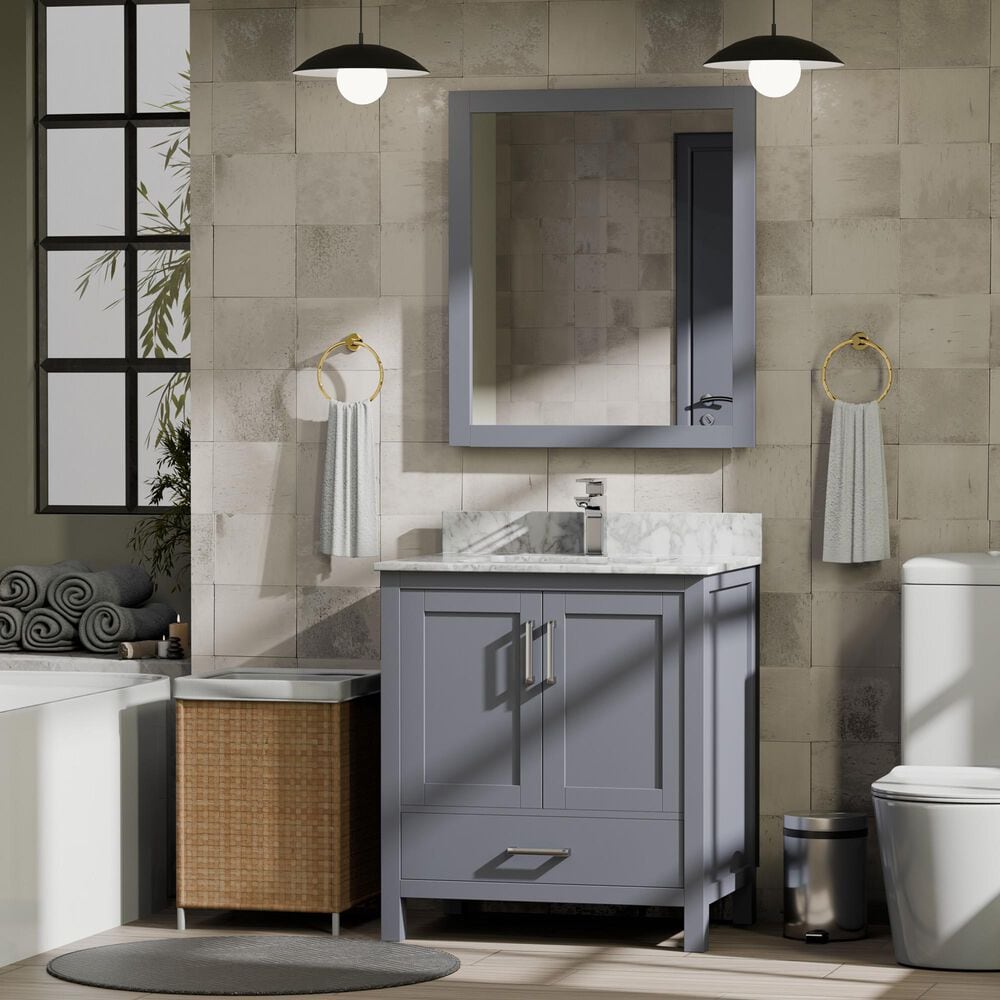 Lexora Home Jacques 30" Single Bathroom Vanity in Dark Grey with 2 cm White Carrara Marble Top and Rectangular Sink, , large