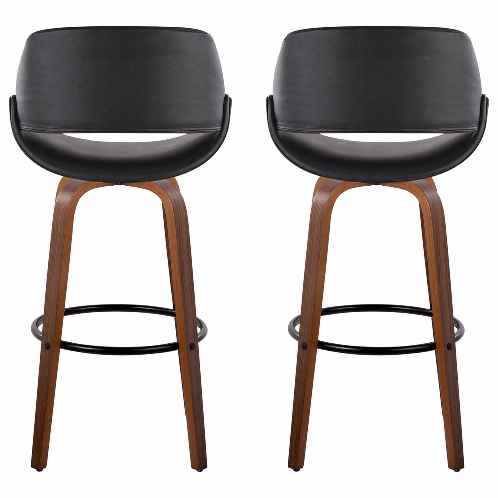 LumiSource Fabrico 30" Swivel Fixed-Height Bar Stool with Black Faux Leather Upholstery in Black and Walnut (Set of 2), , large