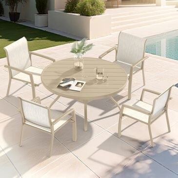 Hearth and Haven 5-Pieces Outdoor Dining Set with Stackable Chairs and Round Table in Sandstone, , large