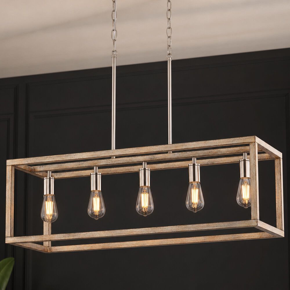Vaxcel Pratt 5-Light Linear Chandelier in Satin Nickel and Light Oak, , large
