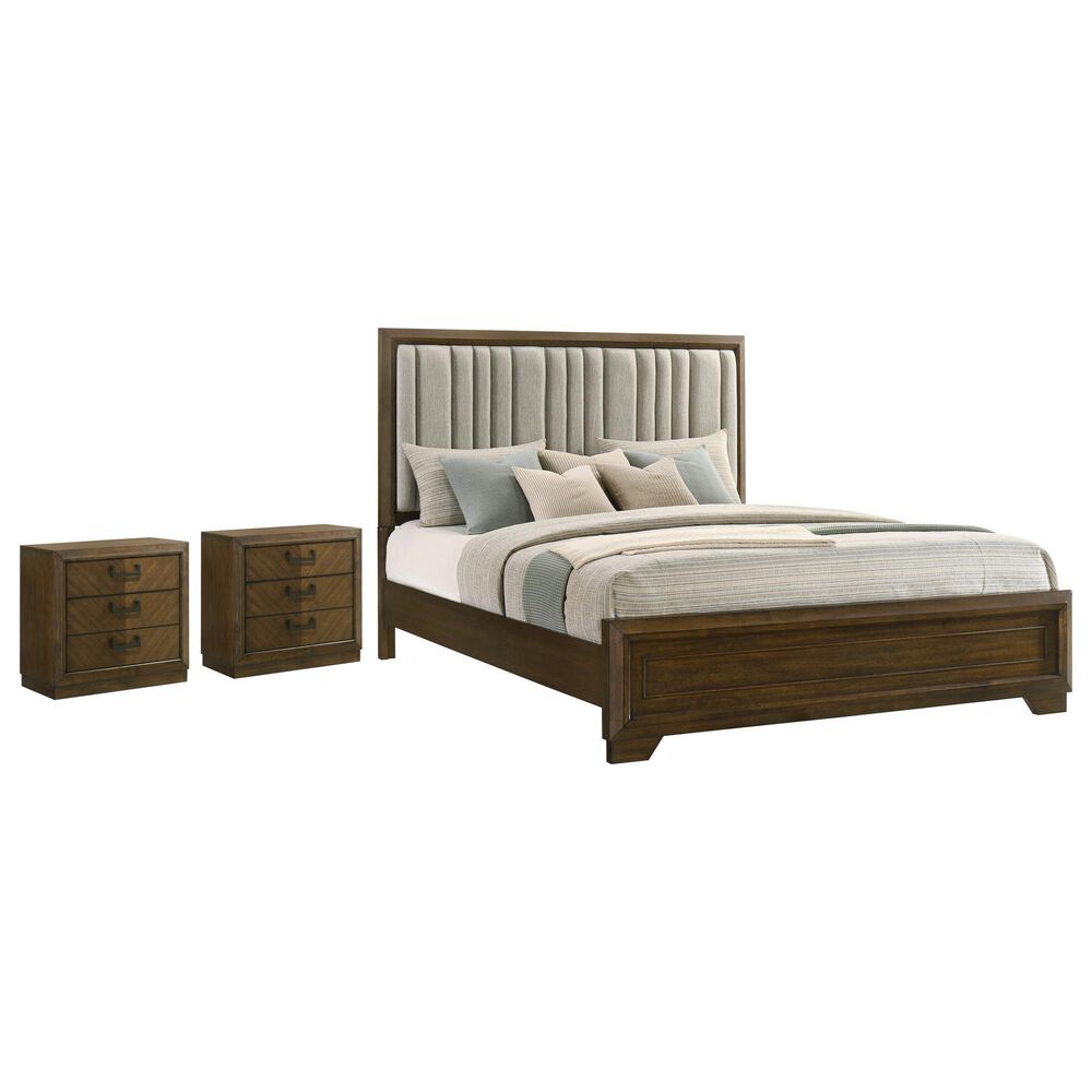 Crown Mark Lakecrest Queen Bed and Two Nightstands in Medium Brown, , large