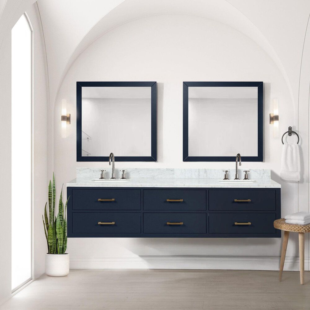 Lexora Home Castor 80&quot; Double Bathroom Vanity in Black with 2 cm White Carrara Marble Top and Rectangular Sinks, , large