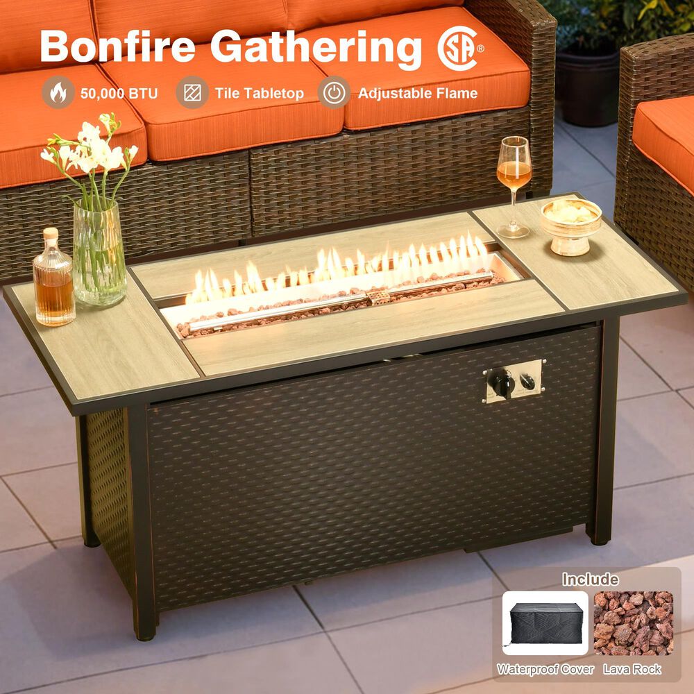 HOMLUX 7-Piece Patio Conversation Set with Fire Pit Table in Orange Red, , large