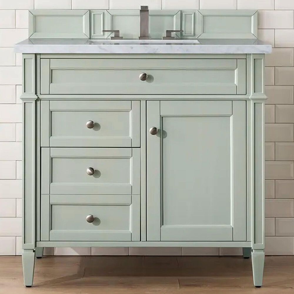 James Martin Vanities Brittany 36" Single Bathroom Vanity in Sage Green with 3 cm Carrara White Marble Top and Rectangle Sink, , large