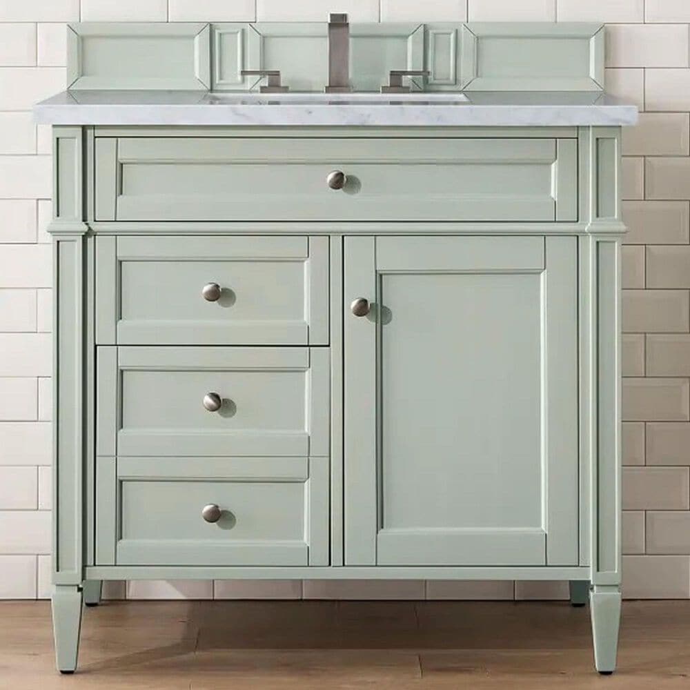 James Martin Vanities Brittany 36" Single Bathroom Vanity in Sage Green with 3 cm Carrara White Marble Top and Rectangle Sink, , large