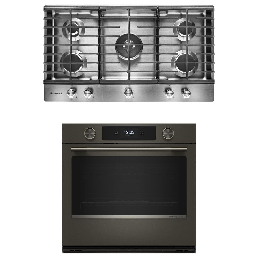 KitchenAid 2-Piece Kitchen Package with Black Ore 30" Smart Single Wall Oven and Stainless Steel 36" Gas Cooktop, , large
