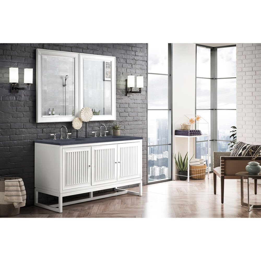 James Martin Vanities Athens 60&quot; Double Bathroom Vanity in Glossy White with 3 cm Charcoal Soapstone Quartz Top and Rectangular Sinks, , large