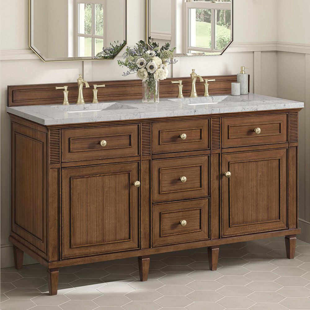 James Martin Vanities Lorelai 60&quot; Double Vanity in Mid-Century Walnut with 3 cm Eternal Jasmine Pearl Quartz Top, , large