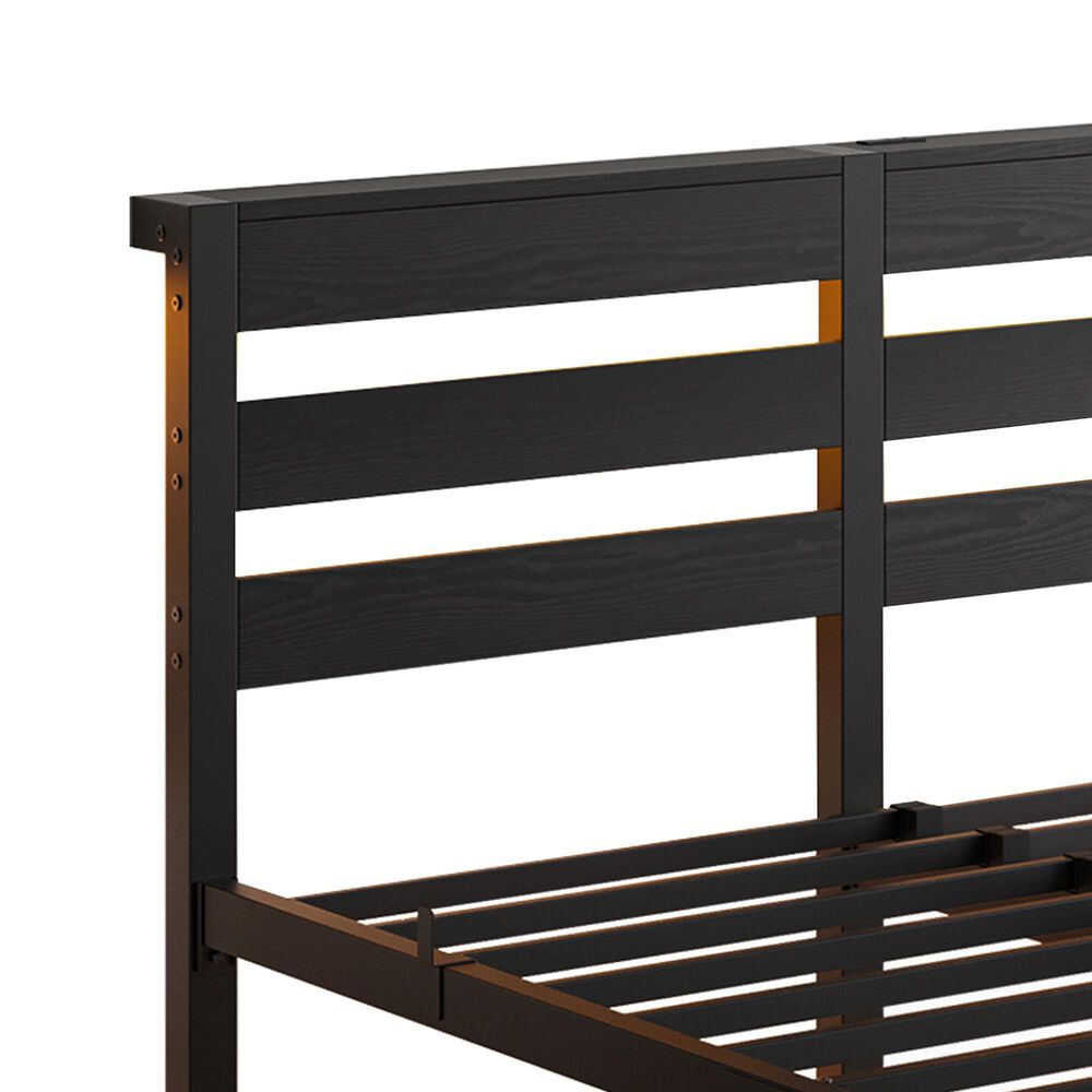 Hearth and Haven Full Metal Bed with RGB Lights and Storage Shelf in Black, , large