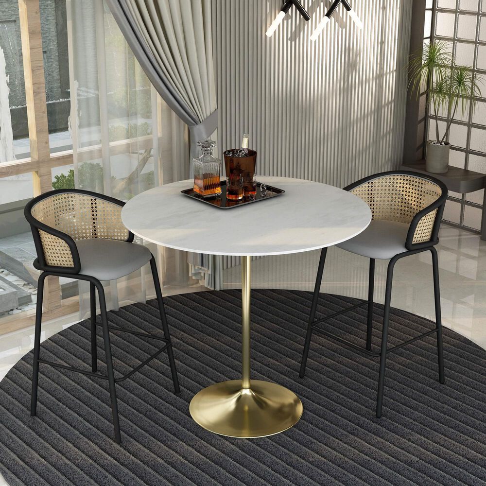 Leisuremod LeisureMod Verve Collection Modern Bar Height Table Brushed Gold Base with 48 Round Marble White Sintered Stone Top, , large