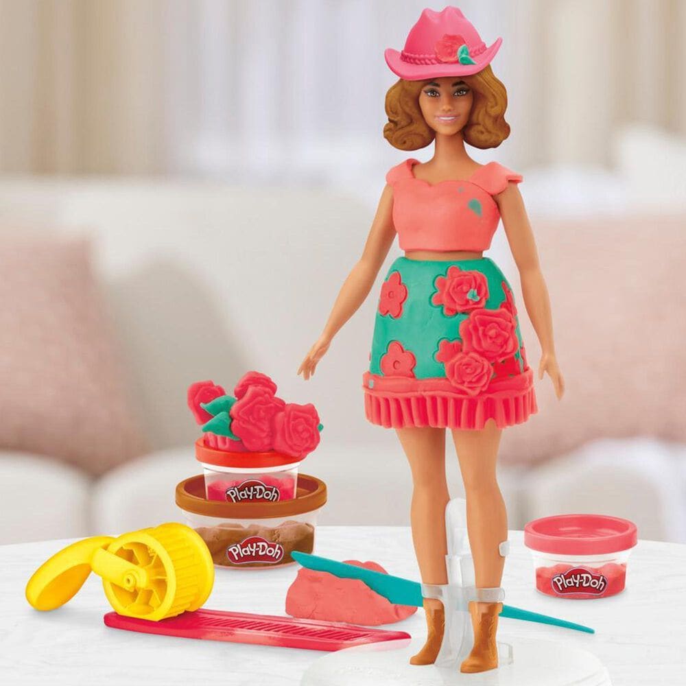 PlayDoh Barbie Florals and Fringe Doll Set with Three Modeling Doughs in Red, Brown and Pink, , large