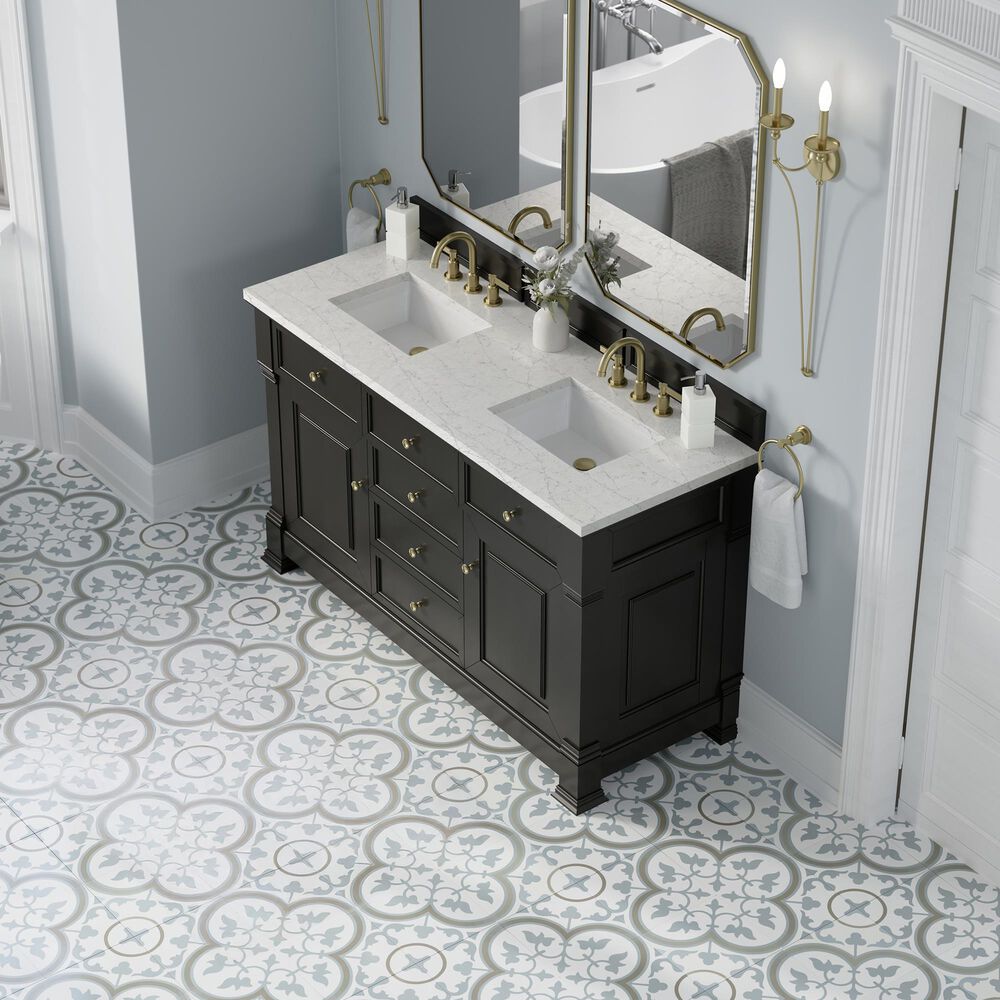 James Martin Vanities Brookfield 60&quot; Double Bathroom Vanity in Black Onyx with 3 cm Eternal Jasmine Pearl Quartz Top and Rectangular Sinks, , large