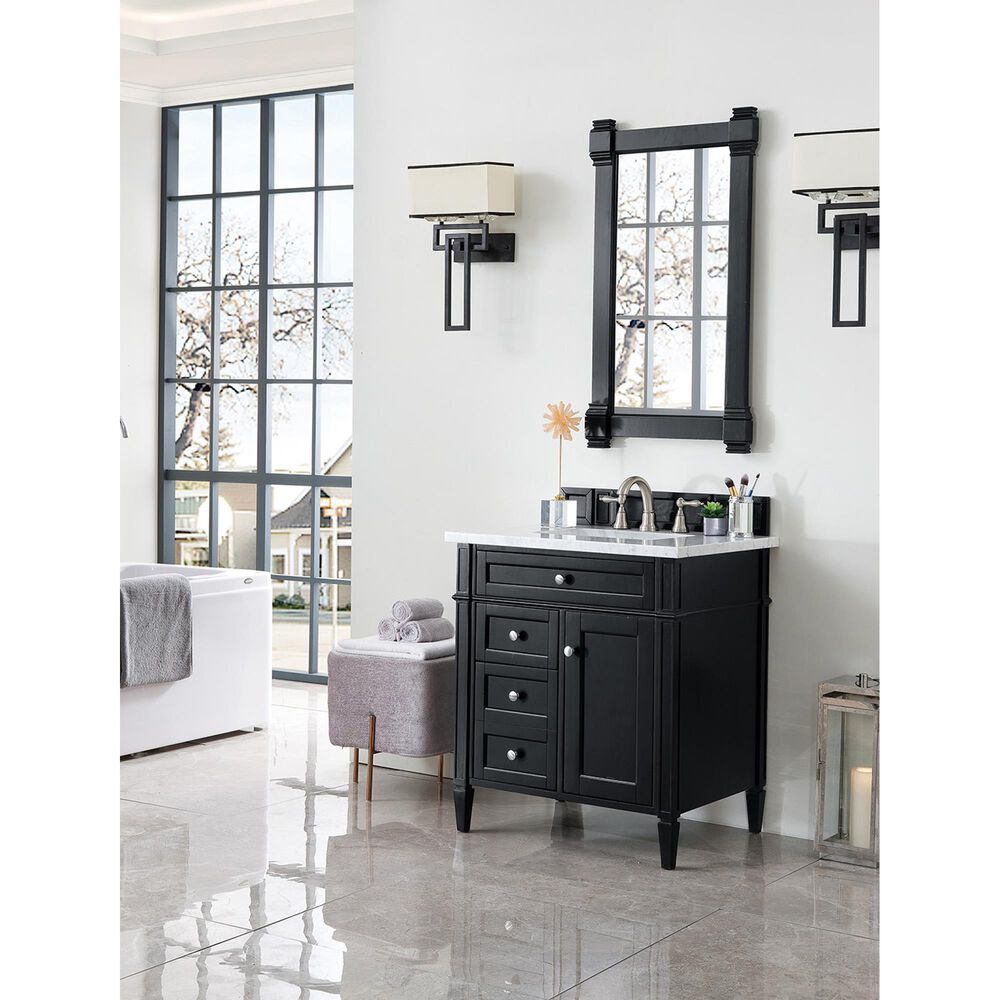 James Martin Vanities Brittany 30&quot; Single Bathroom Vanity in Black Onyx with 3 cm Carrara White Marble Top and Rectangle Sink, , large