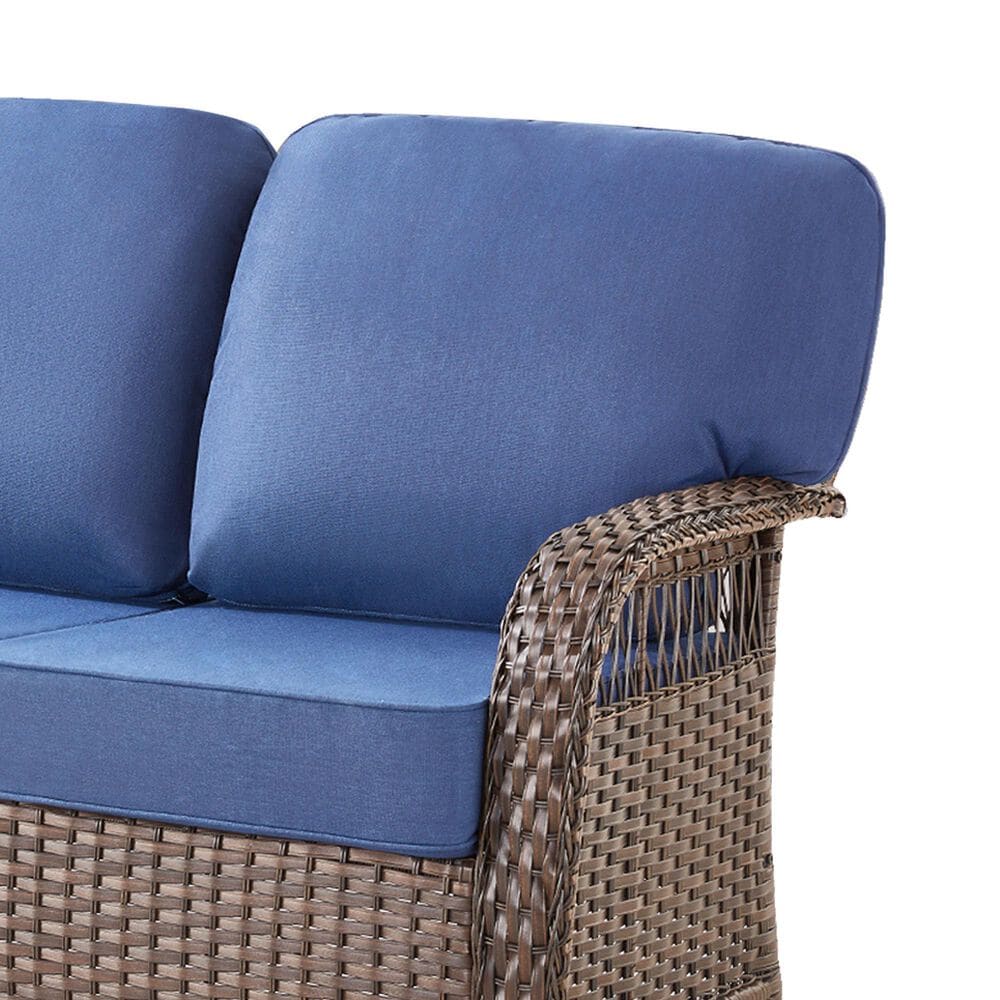 Hearth and Haven Outdoor Sofa with T-back Cushions and Brown Wicker in Blue, , large