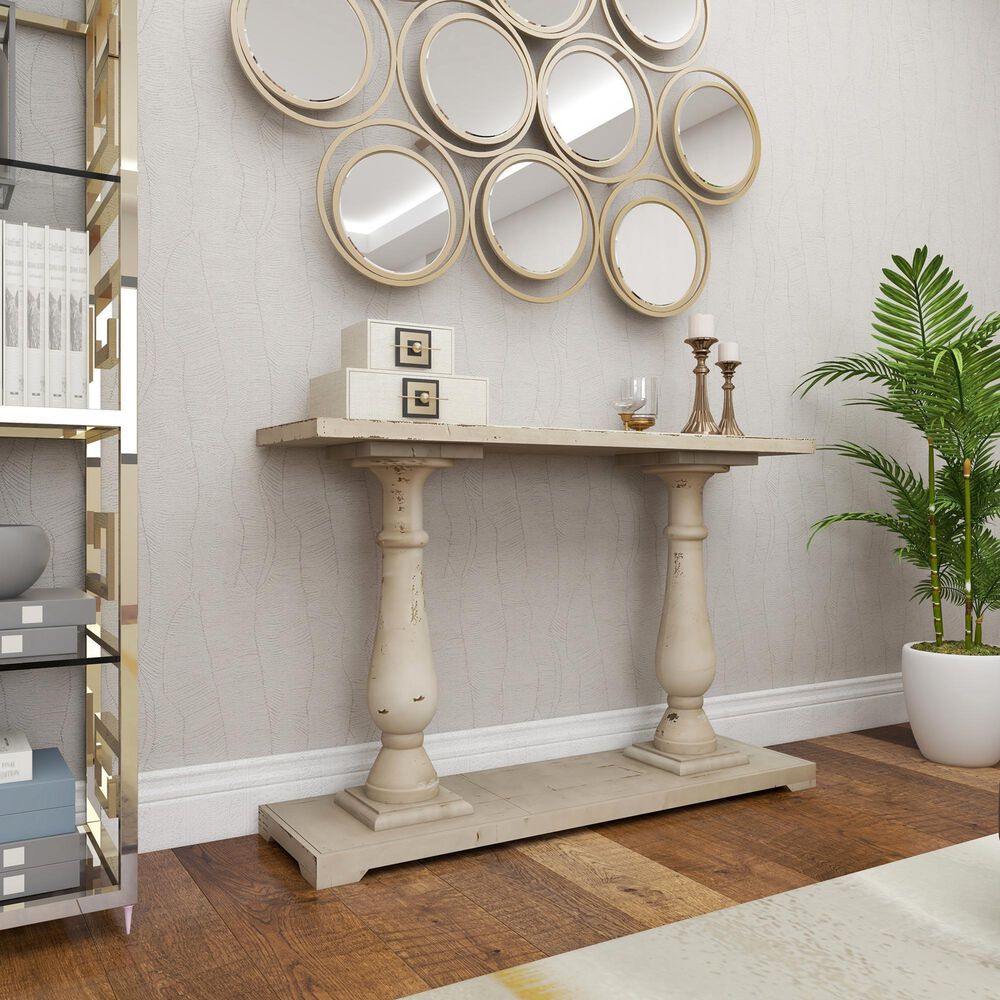 Uma Enterprises Farmhouse Pedestal Console Table in White, , large