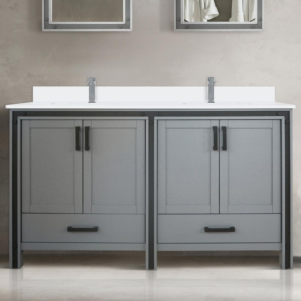 Lexora Home Ziva 60&quot; Double Bathroom Vanity in Dark Grey with 2 cm White Quartz Top and Rectangular Sinks, , large