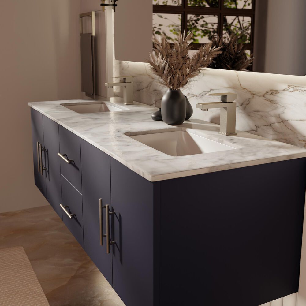 Lexora Home Geneva 60" Double Bathroom Vanity in Navy Blue with 2 cm White Carrara Marble Top and Rectangular Sinks, , large