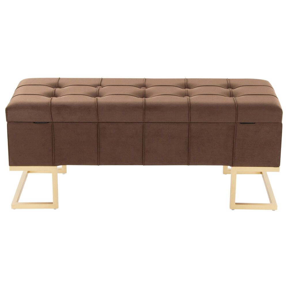 LumiSource Midas Storage Bench with Brown Velvet Cushion in Gold, , large