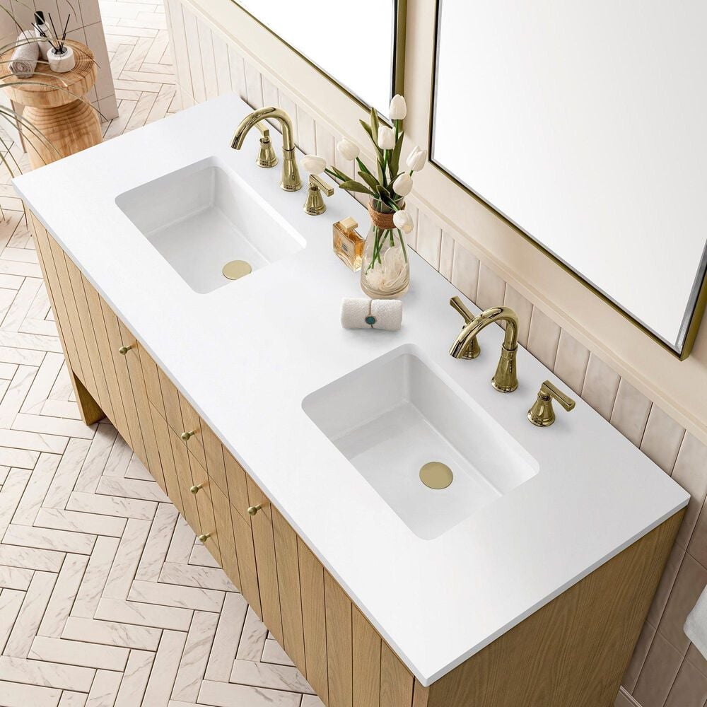 James Martin Vanities Hudson 60&quot; Double Bathroom Vanity in Light Natural Oak with 3 cm White Zeus Quartz Top and Rectangular Sinks, , large