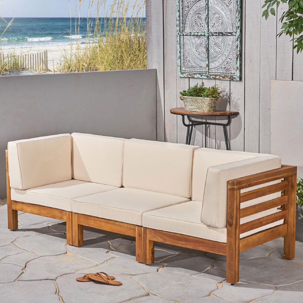 Noble House Oana 3-Piece Patio Sofa Set with Beige Cushion in Teak Brown, , large