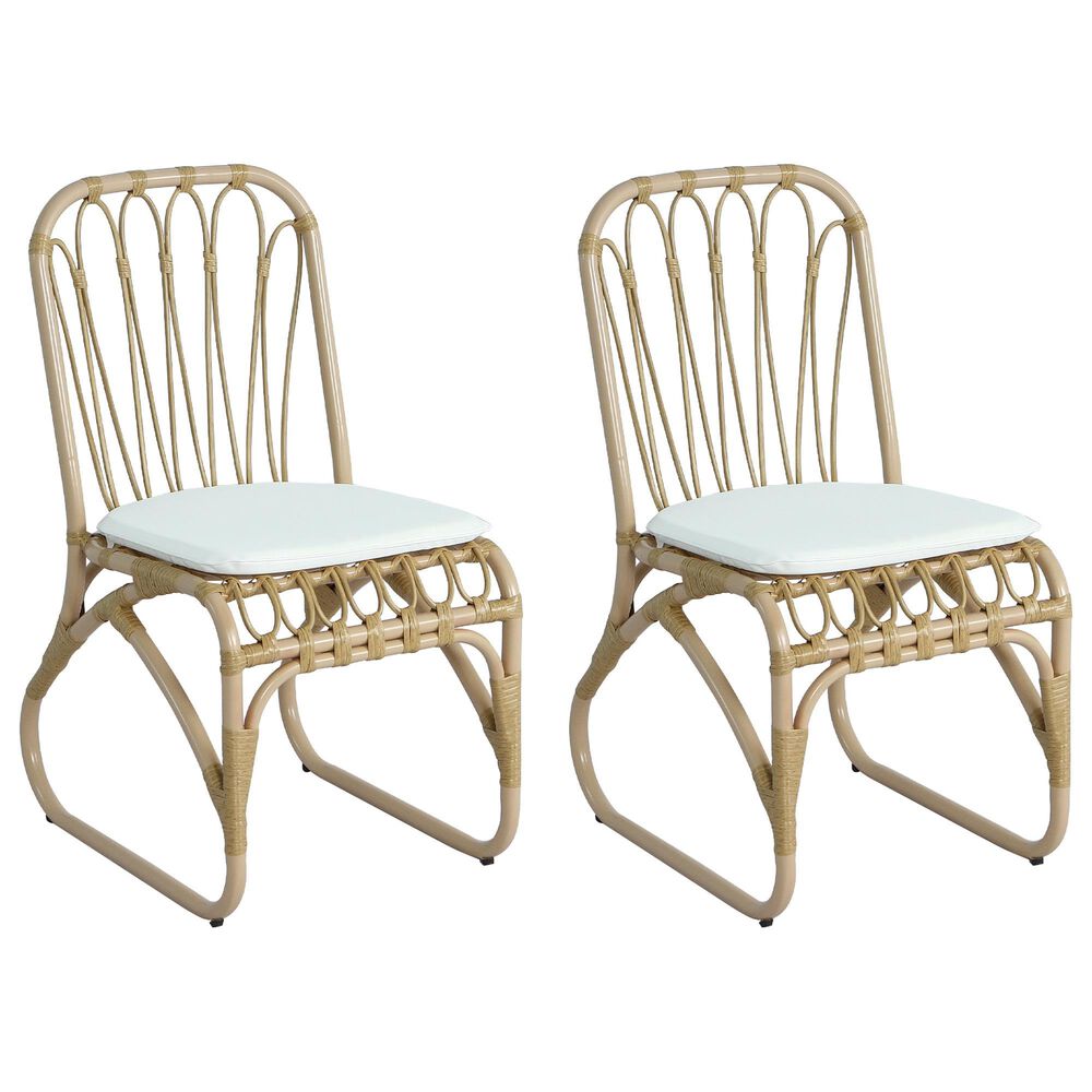Hearth and Haven Outdoor PE Wicker Dining Chair with White Cushion in Natural &#40;Set of 2&#41;, , large