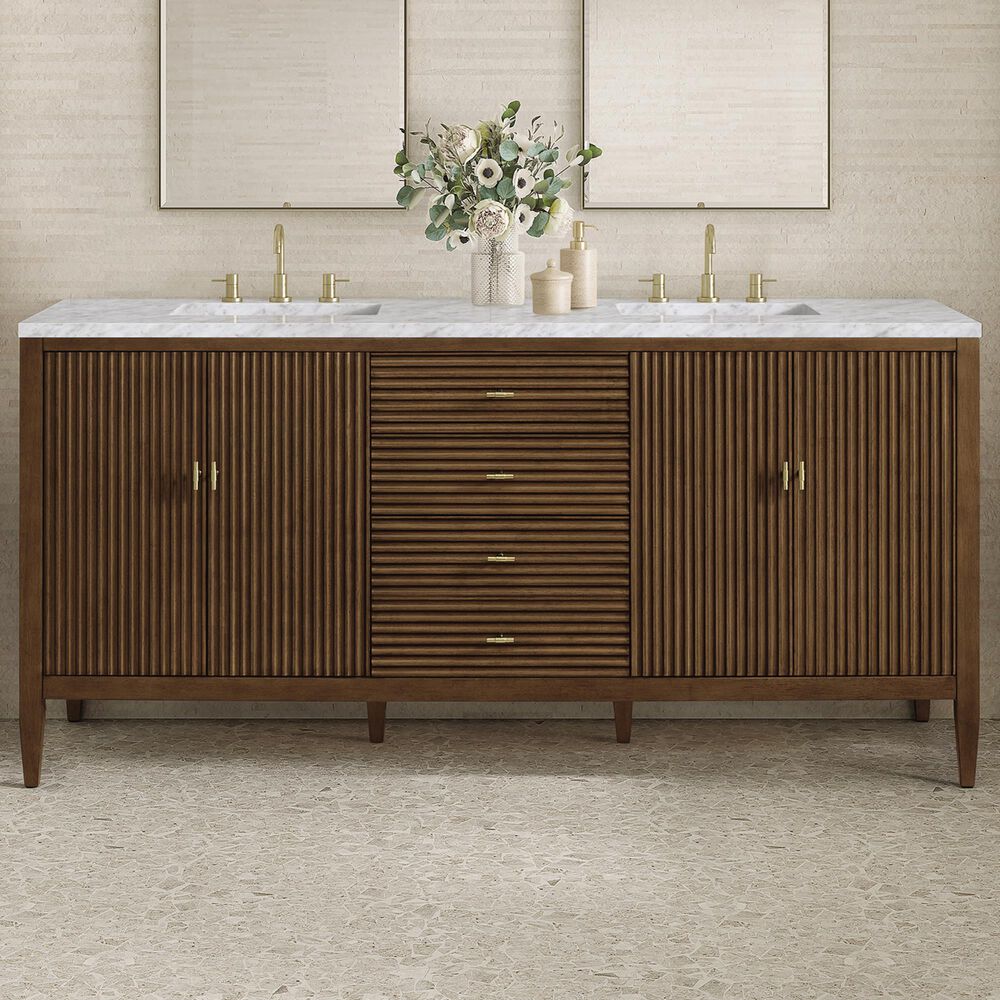James Martin Vanities Myrrin 72&quot; Double Vanity in Mid Century Walnut with 3 cm Carrara White Marble Top, , large