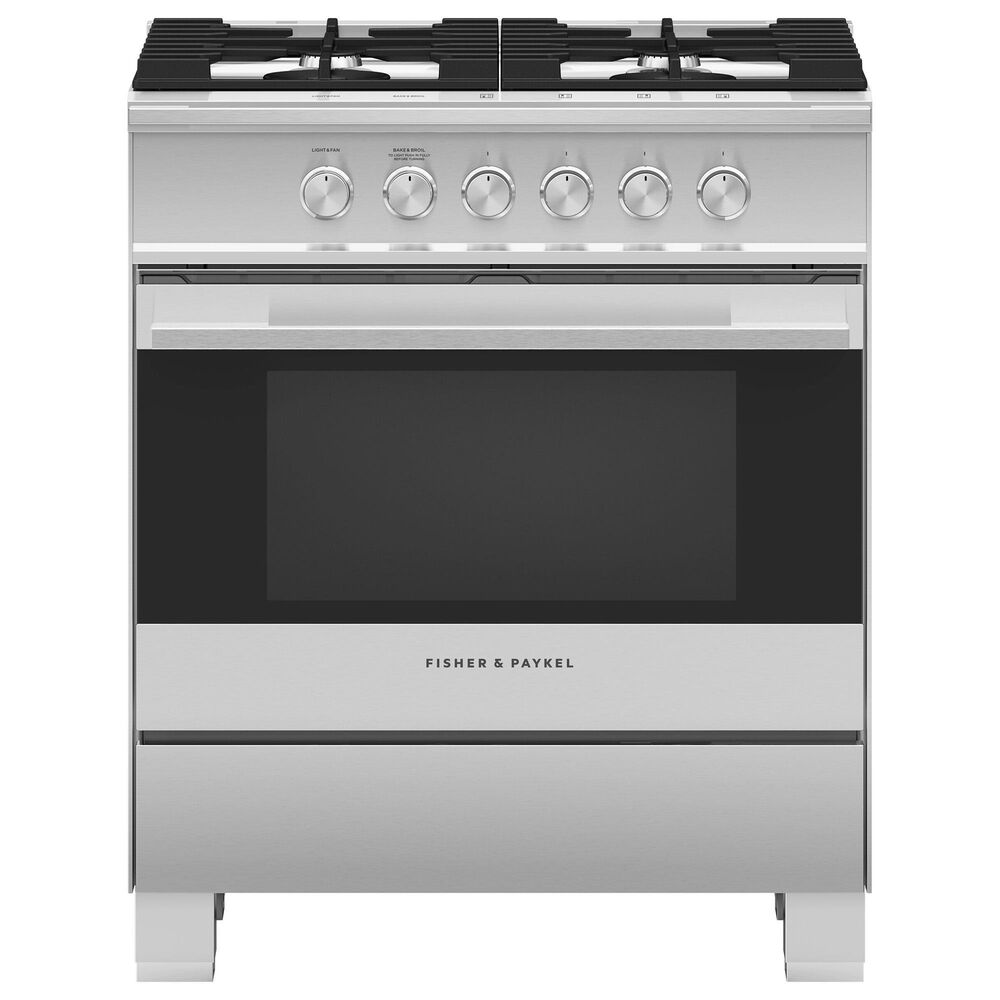 Fisher &amp; Paykel 4 Piece Stainless Steel Kitchen Set with 20.1 Cu. Ft. 3-Door French Door Refrigerator with Ice and Water, 30&quot; Freestanding Gas Range, Built-In 24 Inch Full Console Double DishDrawer with Full Flex Racking, and 30&quot; Over the Range Microwave Oven, , large