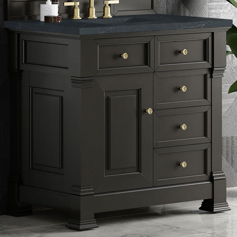 James Martin Vanities Brookfield 36&quot; Single Bathroom Vanity in Black Onyx with 3 cm Charcoal Soapstone Quartz Top and Rectangular Sink, , large