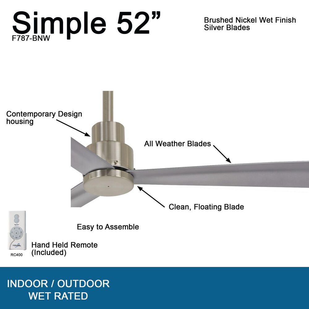 Minka-Aire Simple 52" Indoor/Outdoor Ceiling Fan in Brushed Nickel Wet, , large