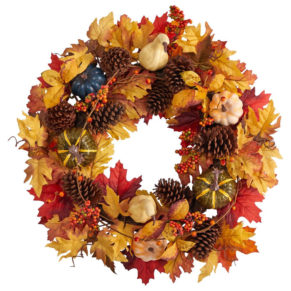 Nearly Natural Inc 26in. Fall Pumpkin, Gourd, Pinecone and Maple Leaf Artificial Autumn Wreath, , large