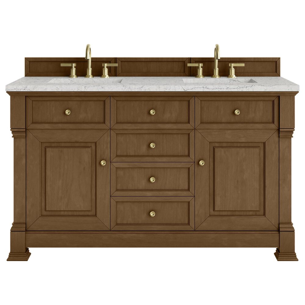 James Martin Vanities Brookfield 60&quot; Double Bathroom Vanity in Honey Oak with 3 cm Eternal Jasmine Pearl Quartz Top and Rectangular Sinks, , large