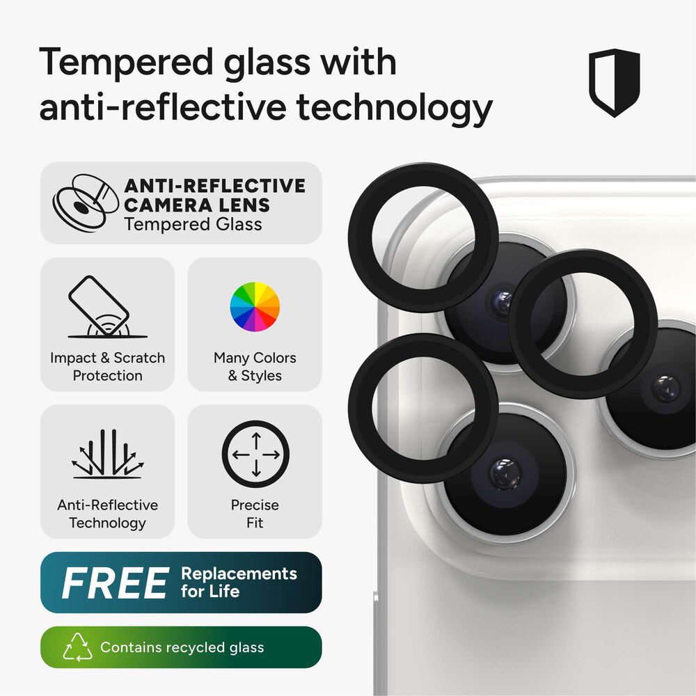 Zagg InvisibleShield Glass Elite Camera Lens Protector for Apple iPhone 15 Pro/16 Pro Max/16 Pro/17 Pro/17 Pro Max in Black, , large