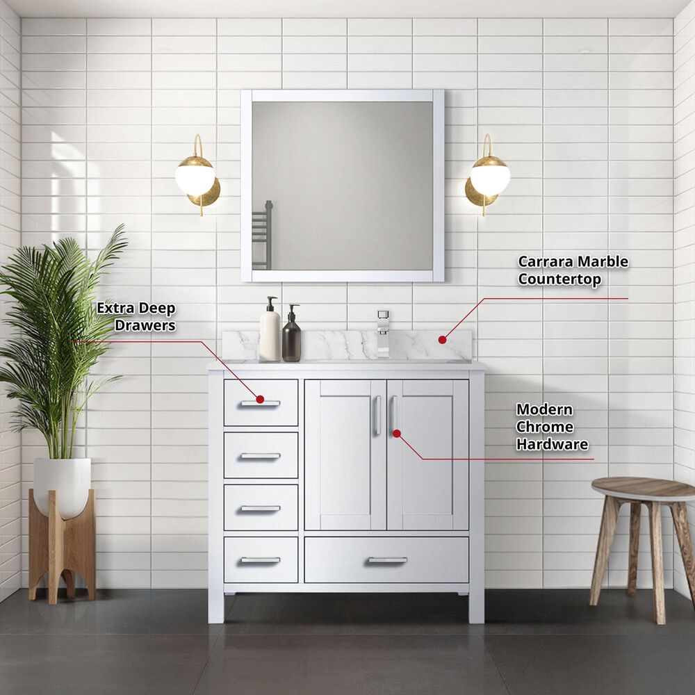 Lexora Home Jacques 36&quot; Right Offset Single Bathroom Vanity in White with 2 cm White Carrara Marble Top and Rectangular Sink, , large