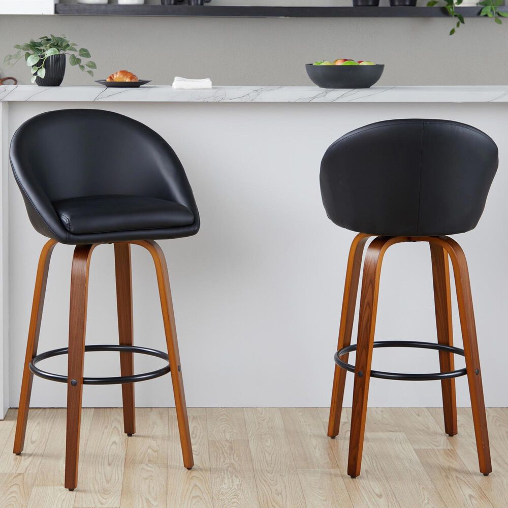 LumiSource Matisse 30" Swivel Barstool with Black Faux Leather Upholstery in Walnut and Black (Set of 2), , large